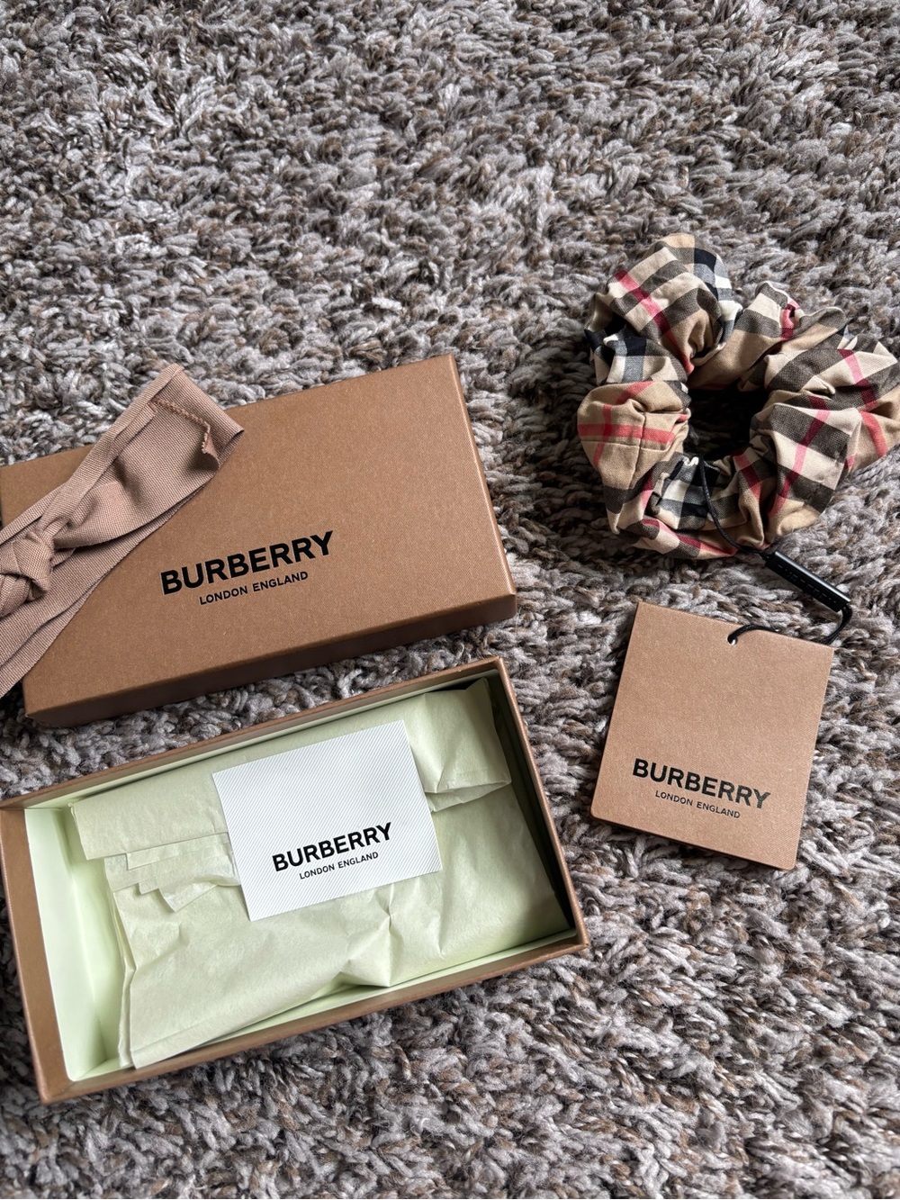 Burberry Plaid Scrunchie in Beige, Black & Red